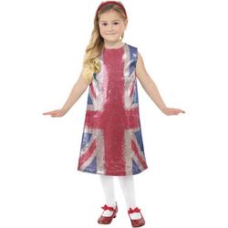   - Landen Thema Kostuum - Engelse Vlag Spicey Glitter Jurk Meisje - blauw,rood - Large - Carnavalskleding - Verkleedkleding