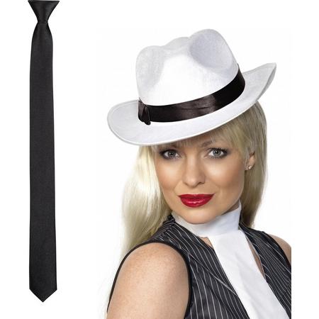 Smiffys - Verkleedkleding set witte gangster hoed en stropdas zwart