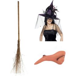 Smiffys Heksen verkleed set voor dames heksenhoed - haakneus - heksenbezem van 110 cm