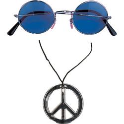   Hippie Flower Power verkleed set peace ketting en ronde blauwe glazen party bril