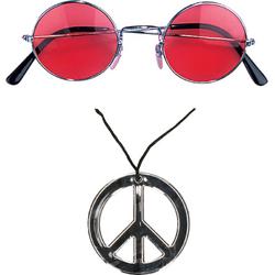   Hippie Flower Power verkleed set peace ketting en ronde rode glazen party bril