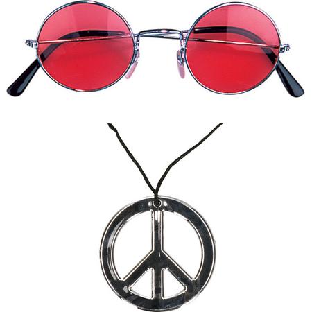 Smiffys Hippie Flower Power verkleed set peace ketting en ronde rode glazen party bril