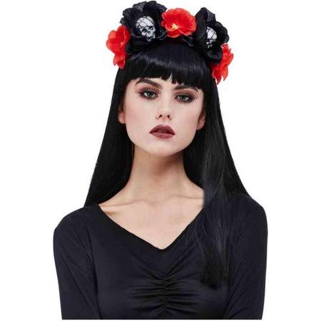 Smiffys Kostuum Haarband Skull Roses Zwart/Rood