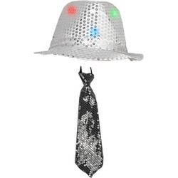   Verkleedkleding set zilver LED light hoedje/stropdas volwassen