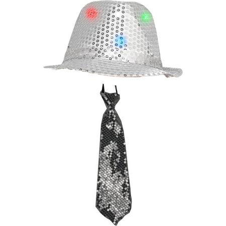 Smiffys Verkleedkleding set zilver LED light hoedje/stropdas volwassen