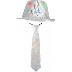   Verkleedkleding set zilver LED light hoedje/stropdas volwassen