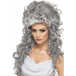   carnaval verkleed heksen pruik voor dames grijs krullend lang haar