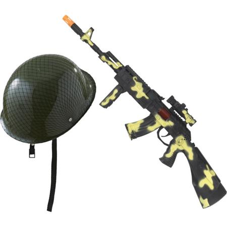 Soldaten/Soldaat carnaval verkleed accessoires set - Soldatenhelm en Kalashnikov machinegeweer van 59 cm