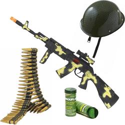 Soldaten/militairen machinegeweer 59 cm met kogelriem en helm - Met army kleuren schmink stift