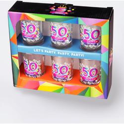 Verjaardag -  6 Happy Shot glasses - 50 Happy Birthday - In cadeauverpakking met gekleurd lint