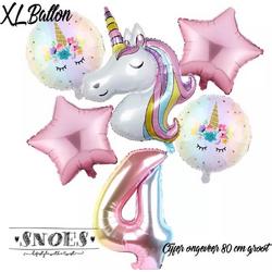 * Snoes * Unicorn * Eenhoorn Licht Roze* Set van 6 Ballonnen XL * Unicorn Nummer 4 * Vierde verjaardag * Hoera 4 Jaar * Birthday