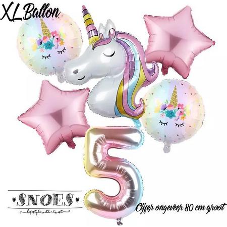 * Snoes * Unicorn * Eenhoorn  Licht Roze* Set van 6 Ballonnen XL * Unicorn Nummer 5 * Vijfde verjaardag * Hoera 5 Jaar * Birthday