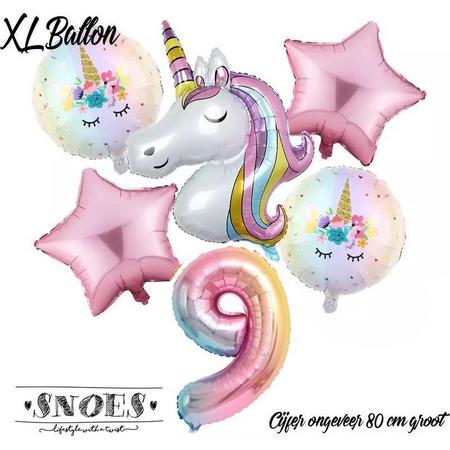 * Snoes * Unicorn * Eenhoorn Licht Roze* Set van 6 Ballonnen XL * Unicorn Nummer 9 * Negende verjaardag * Hoera 9 Jaar * Birthday
