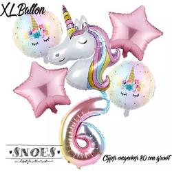* Snoes * Unicorn * Eenhoorn  Licht Roze * Set van 6 Ballonnen XL * Unicorn Nummer 6 * Zesde verjaardag * Hoera 6 Jaar * Birthday