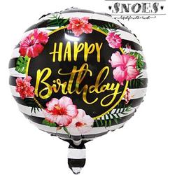 Happy Birthday  Hawai * Snoes * Ronde Folie Ballon * Vrolijk * Zomer thema * Hawai * Bloemen * Zwart wit roze goud