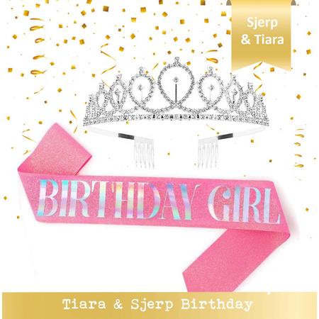 Snoes * Silver Verjaardag Kroon Tiara en Sjerp Birthday Girl * Silver / Pink * Zilver Roze  * Jarige versiering * Dress up for your Birthday *