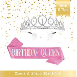 Snoes * Zilver Roze  Verjaardag Kroon Tiara en Sjerp * Birthday Queen * Silver/Pink * Jarige versiering * Dress up for your Birthday *