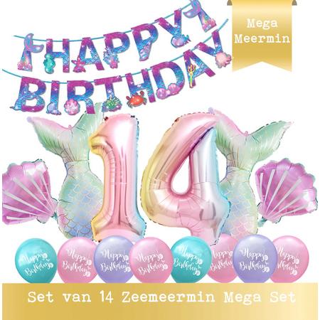 Snoes - Cijfer Folie Ballon - 14 Jaar Ballon - Zeemeermin Mermaid Mega pakket inclusief Slinger - Verjaardag - Meisje - Birthday Girl - Happy Birthday - Verjaardag 14 Jaar