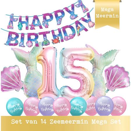 Snoes - Cijfer Folie Ballon - 15 Jaar Ballon - Zeemeermin Mermaid Mega pakket inclusief Slinger - Verjaardag - Meisje - Birthday Girl - Happy Birthday - Verjaardag 15 Jaar