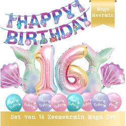 Snoes - Cijfer Folie Ballon - 16 Jaar Ballon - Zeemeermin Mermaid Mega pakket inclusief Slinger - Verjaardag - Meisje - Birthday Girl - Happy Birthday - Verjaardag 16 Jaar