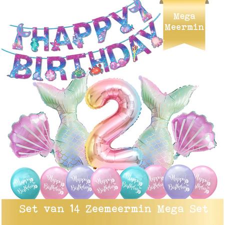 Snoes - Cijfer Folie Ballon - 2 Jaar Ballon - Zeemeermin Mermaid Mega pakket inclusief Slinger - Verjaardag - Meisje - Birthday Girl - Happy Birthday