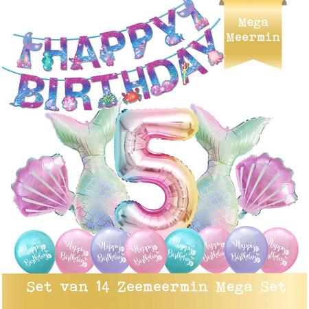 Snoes - Cijfer Folie Ballon - 5 Jaar Ballon - Zeemeermin Mermaid Mega pakket inclusief Slinger - Verjaardag - Meisje - Birthday Girl - Happy Birthday - Verjaardag 5 Jaar
