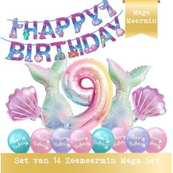 Snoes - Cijfer Folie Ballon - 9 Jaar Ballon - Zeemeermin Mermaid Mega pakket inclusief Slinger - Verjaardag - Meisje - Birthday Girl - Happy Birthday - Verjaardag 9 Jaar