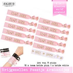 Snoes Team Bride Pink - Bride Wit - 11 Delige vrijgezellenfeest Armbanden set van Elastiek - Haarelastiek