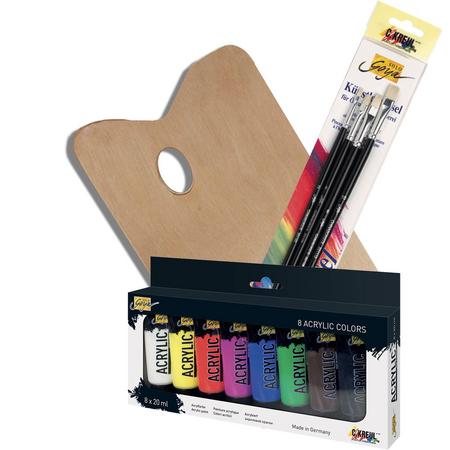 Solo goya basis schilderset - 8 kleuren hoge kwaliteit acrylverf ,4 penselen met houten schilderspalet.