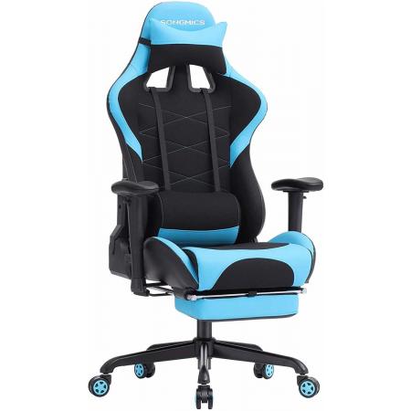 Gaming Chair – Game Stoel – Wijde rugleuning – Verstelbare Kussens – Voetsteun – Zwart met Ultra Blauw