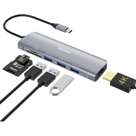 Sounix 6 in 1 USB-C Hub - 3 USB 3.0 Geheugenkaartlezer Micro SD/SD Kaartlezer -4K UHD HDMI Converter-Type-C-Geschikt voor Apple Macbook Pro / Air / iMac / Mac Mini / Google Chromebook / Windows / HP / ASUS / Lenovo