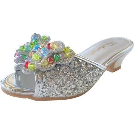 Elsa Frozen Prinsessen slipper schoenen zilver glitter met hakje maat 26 - binnenmaat 16,5 cm - bij jurk verkleedkleding