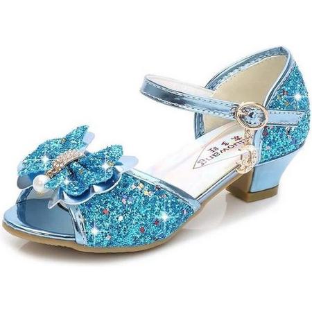 Prinsessen schoenen blauw glitter strikje maat 26 - binnenmaat 17 cm - bij jurk verkleedkleding