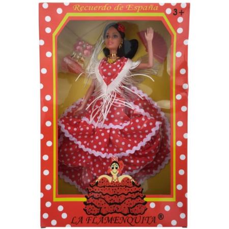 Spaanse barbie pop Flamenco rood witte stippen jurk barbiepop