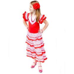 Spaanse jurk - Flamenco - Rood/Wit - Maat 116/122 (8) - Verkleed jurk