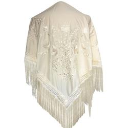 Spaanse manton - omslagdoek - creme wit met witte bloemen Large bij verkleedkleding of Flamenco jurk