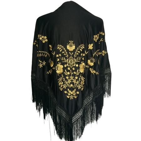 Spaanse manton - omslagdoek - zwart goud bij verkleedkleding of Flamenco jurk