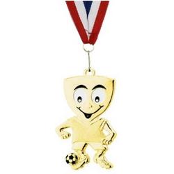 Gouden voetbal medaille van ijzer met rood-wit-blauw halslint