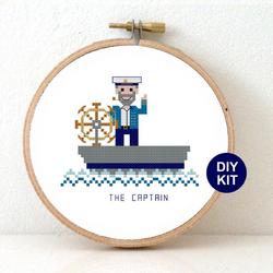 Manlijke Kapitein borduurpakket. DIY Nautische decoratie voor boot. Boot decoratie borduurpakketten