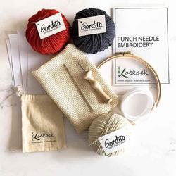 Punch needle pakket ergonomische punch naald - inclusief patronen, borduurring, ecologische merino wol en monks cloth stof - kleurset rood antraciet