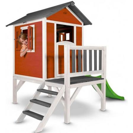 Houten Speelhuisje Sunny Lodge XL Rood/Wit - Speelhuis hout met glijbaan