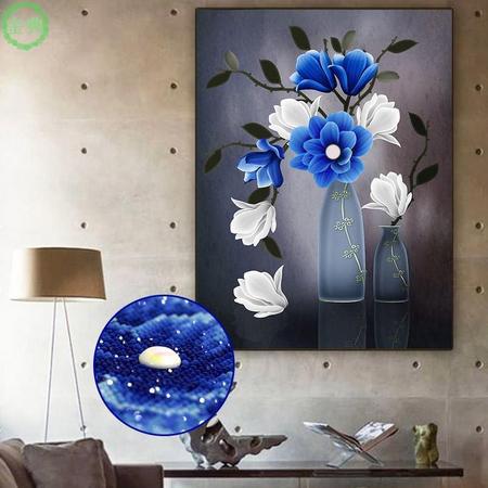 Diamond Painting 56x75cm - Magnolia bloem in blauwe vaas - Volledige dekking - Ronde steentjes met speciaal steentjes