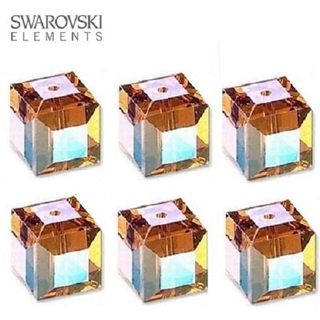 Swarovski kristal, kubus kralen van 10x10mm in de kleur Topaz AB. Verkocht per 6 stuks