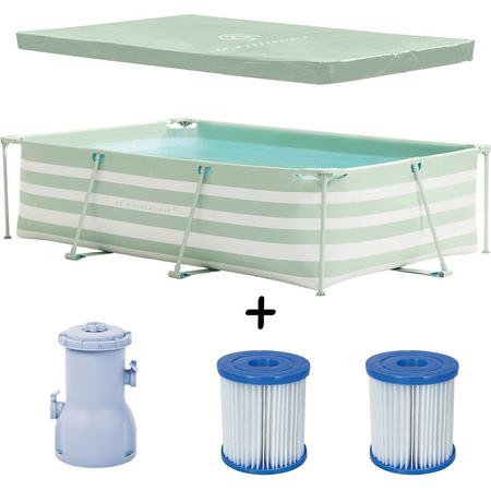 Swim Essentials - Frame zwembad - Zwembaden - Rechthoekig - 300 x 200 x 75 cm - Gestreept - Filterpomp 3407 liter/uur - Filtercartridge - Zwembadzeil - PVC - Polyester - groen - wit - Set - 5-delig