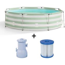   - Frame zwembad -   - Rond - 305 x 76 cm - Gestreept - Filterpomp 3407 liter/uur - Filtercartridge - PVC - Polyester - groen - wit - Set - 3-delig