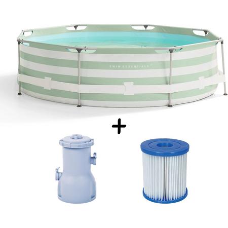 Swim Essentials - Frame zwembad - Zwembaden - Rond - 305 x 76 cm - Gestreept - Filterpomp 3407 liter/uur - Filtercartridge - PVC - Polyester - groen - wit - Set - 3-delig