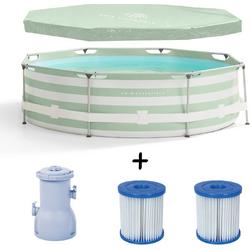   - Frame zwembad -   - Rond - 305 x 76 cm - Gestreept - Filterpomp 3407 liter/uur - Filtercartridge - Zwembadzeil - PVC - Polyester - groen - wit - Set - 5-delig