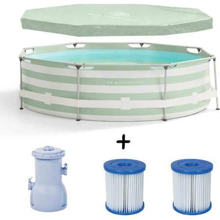 Swim Essentials - Frame zwembad - Zwembaden - Rond - 305 x 76 cm - Gestreept - Filterpomp 3407 liter/uur - Filtercartridge - Zwembadzeil - PVC - Polyester - groen - wit - Set - 5-delig