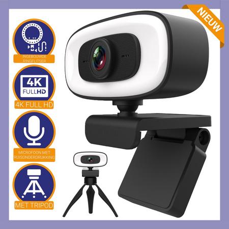 4K USB Webcam met Ring Licht - Autofocus - Webcam voor PC - Microfoon met Ruisonderdrukking -  4K Webcam met Ringlamp- 3840x2160 - 30FPS - Webcam met licht - Streaming Webcam - Incl. Statief - Windows - Playstation - Xbox - MacOS - Android TV
