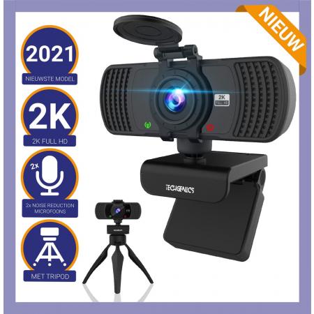 TechGenics 2K Webcam voor PC met Microfoon - Autofocus - 2560x1440 – 2K Ultra HD - Webcam USB - 30FPS - 1440P – Webcam voor Laptop - Incl. Statief en Webcam Cover - Voor Windows, MacOS, Playstation, Xbox, Android TV